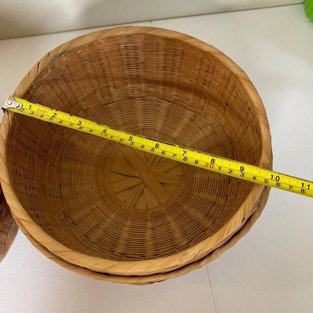 Vintage Woven Bamboo Rattan Round Storage Baskets Planters 2 Brown Boho Natural